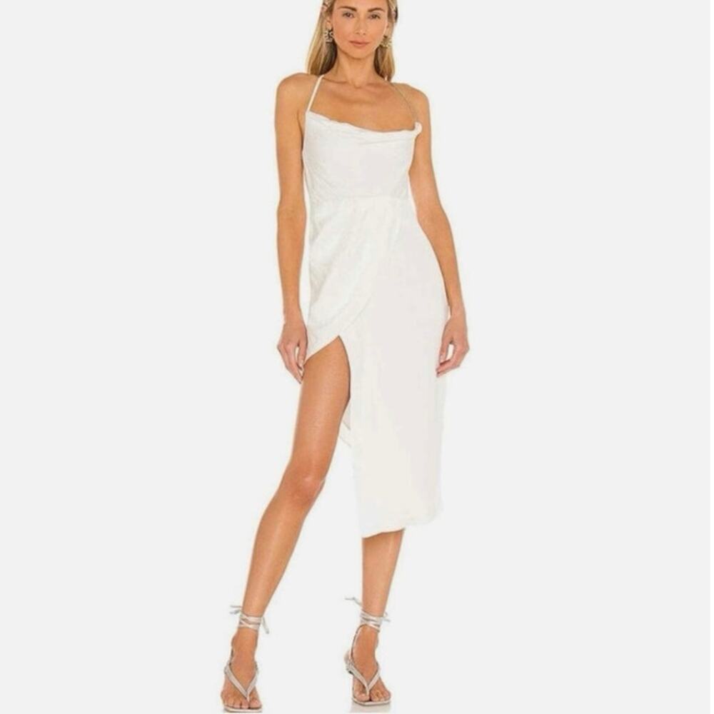 NWT Michael Costello x REVOLVE Tessa Ivory Satin Drape Midi Dress Size M - Picture 5 of 10
